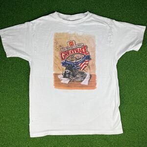 Vintage 1999 Fruit of the Loom Mens White Great Race Marietta Car T-Shirt Sz L